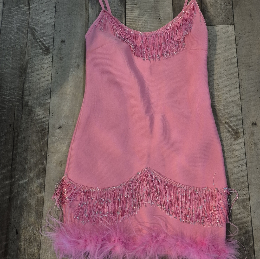 Fashion Nova Slip Dress Bodycon Glam Night Feathers Fringe Beads Pink M/L - Picture 2 of 9
